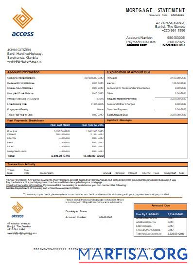 Realistic Gambia Access bank mortgage statement scr real example